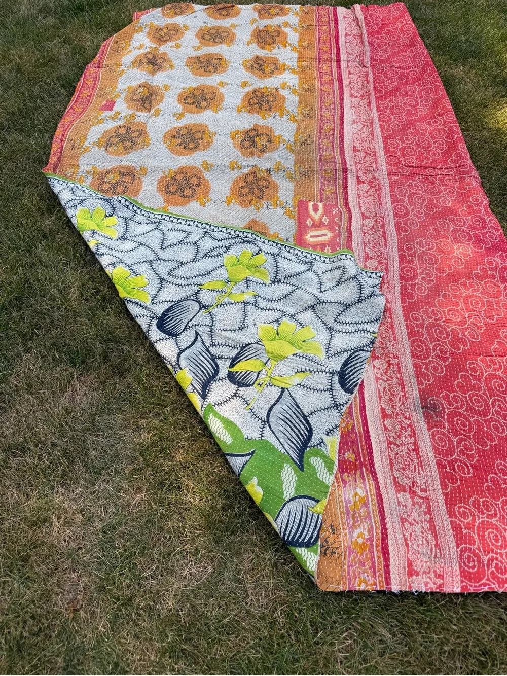 Vintage Handmade Kantha Quilt Blanket - Reversible Boho Cotton Throw